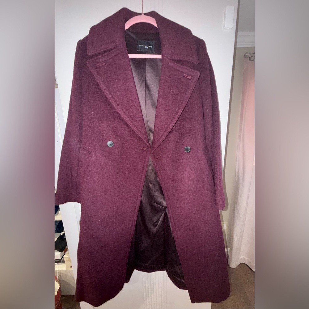 Club Monaco Daylina double-breasted wool blend coat in burgundy.